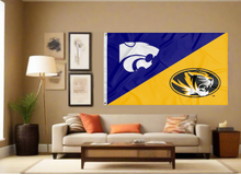 Load image into Gallery viewer, purple and gold Kansas State Missouri house divided flag covering living room wall
