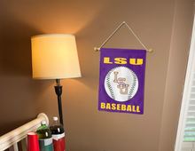 Load image into Gallery viewer, LSU Baseball garden flag hung on a banner pole inside college dorm
