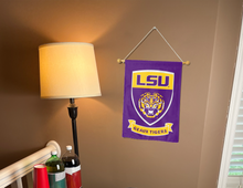 Load image into Gallery viewer, LSU garden flag with geaux tigers and shield logo hung inside for college dorm decor
