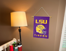 Load image into Gallery viewer, LSU football garden flag hung on a banner pole inside college dorm for decor
