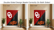 Load image into Gallery viewer, Oklahoma OSU Rivalry House Divided  30x40 flag hung inside man cave
