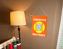 Load image into Gallery viewer, Tennessee softball garden flag hung inside a room for man cave decor
