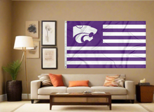 Load image into Gallery viewer, USA Flag Style Kansas State University 3x5 Flag with seven purple stripes six white stripes and two metal grommets covering the tan wall of a well-lit room
