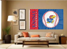 Load image into Gallery viewer, University of Kansas Baseball Flag hung inside college dorm
