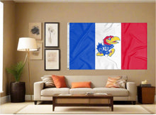 Load image into Gallery viewer, university of Kansas Flag with french style flag colors hung inside for man cave decor
