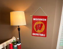 Load image into Gallery viewer, Wisconsin badgers basketball garden flag hung inside college dorm for decor
