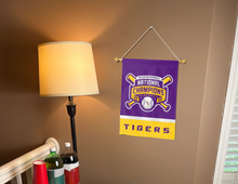 Load image into Gallery viewer, LSU Baseball College World Series 2025 Champion Garden Flag hung inside a college dorm for decor
