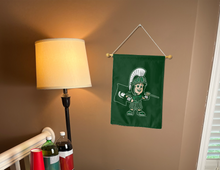 Load image into Gallery viewer, MSU Sparty the spartan garden flag hung inside a college dorm for decor
