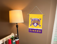 Load image into Gallery viewer, gold side of LSU Baseball College World Series 2025 Champion Garden Flag hung inside a college dorm for decor
