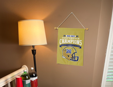 Load image into Gallery viewer, back side of Montana State BIG SKY Conference Football champions garden flag hung inside a college dorm
