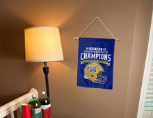 Load image into Gallery viewer, front side of Montana State BIG SKY Conference Football champions garden flag hung inside a college dorm

