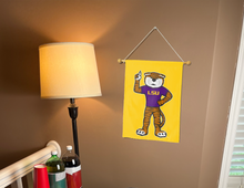 Load image into Gallery viewer, indoor display of gold side of LSU garden flag with Mike the tiger logo

