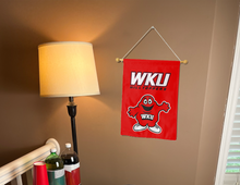Load image into Gallery viewer, wku hilltoppers logo garden flag hung inside a room for college dorm decor
