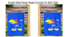 Load image into Gallery viewer, Double sided university of kansas garden flag with 1941 Jayhawk logo displayed from both sides
