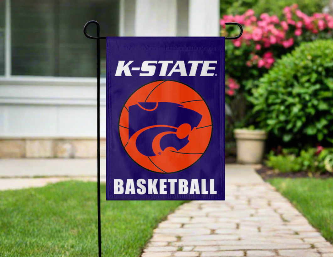 purple kansas state basketball garden flag hung on garden flag stand outside