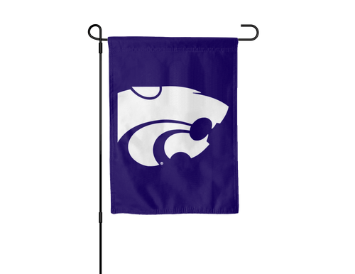 purple Kansas State University Garden Flag hanging on garden flag stand