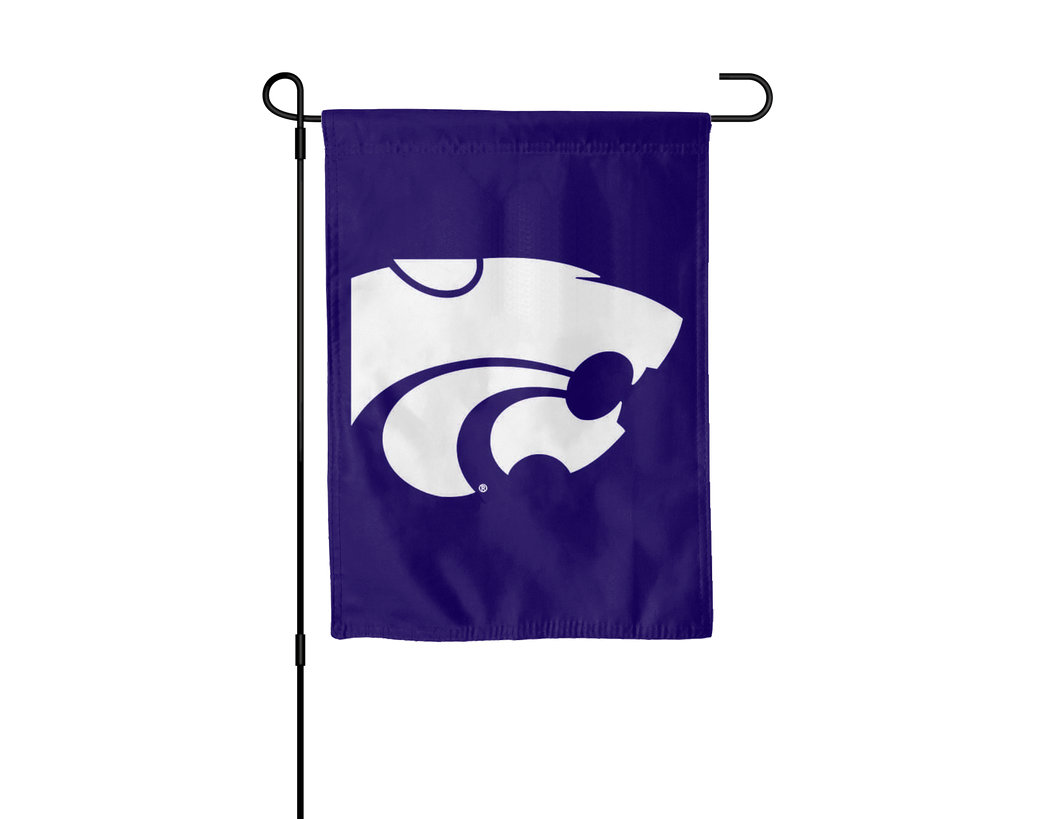 purple Kansas State University Garden Flag hanging on garden flag stand