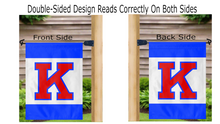 Load image into Gallery viewer, Double-sided university of kansas garden flag with three panel blue with red K logo displayed correctly on both sides

