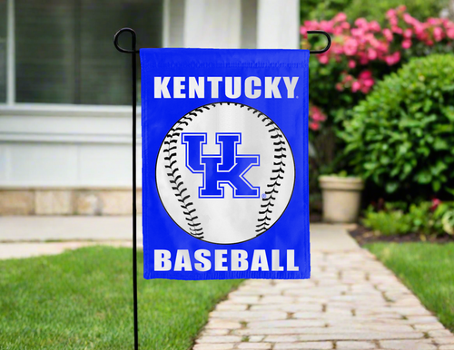 Kentucky Baseball Garden Flag hung outside a driveway for yard decor