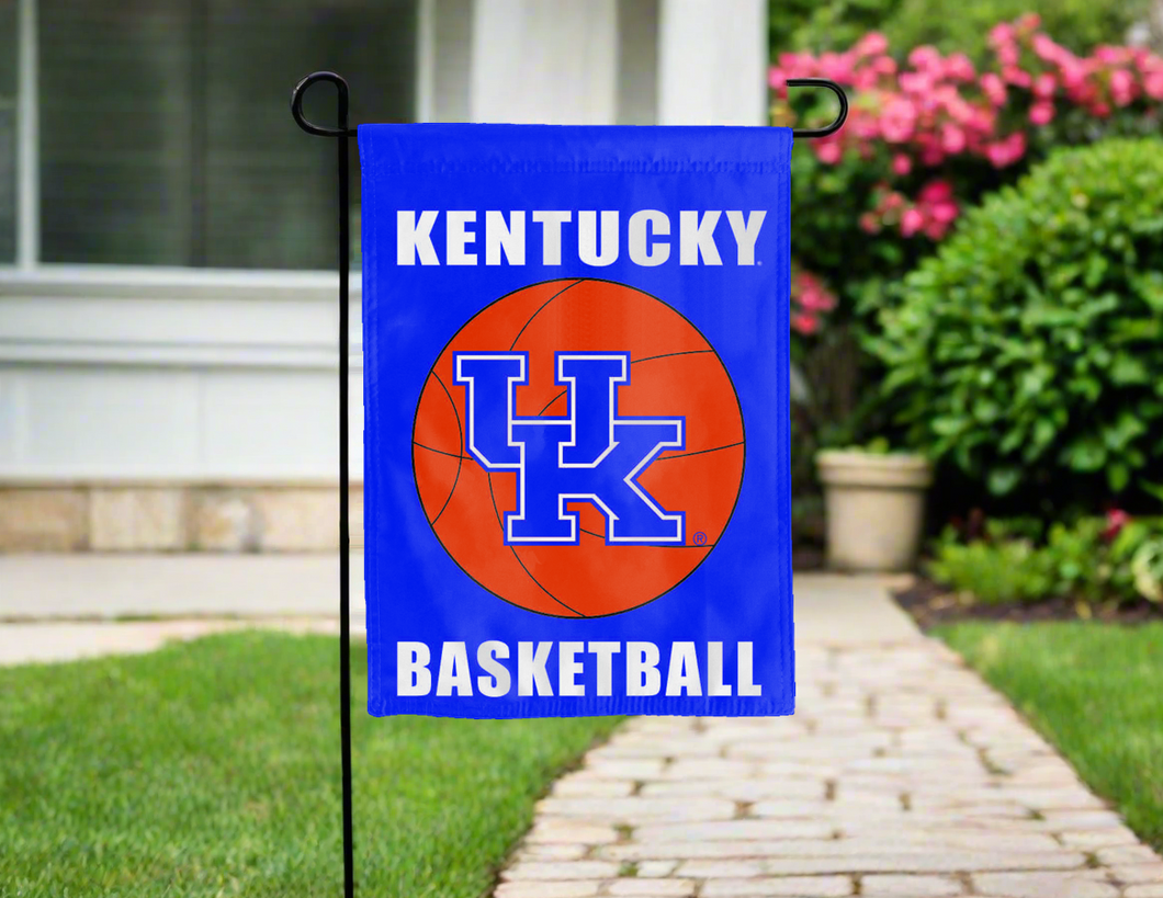 Kentucky Basketball Garden Flag hung outside for yard decor