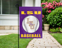 Load image into Gallery viewer, purple LSU baseball garden flag hung outside for yard decor
