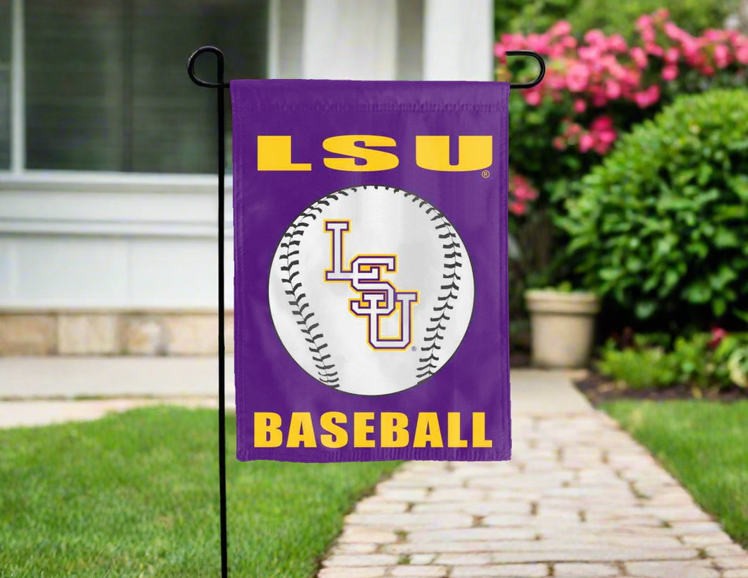 purple LSU baseball garden flag hung outside for yard decor