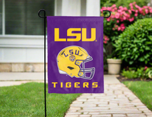 Load image into Gallery viewer, LSU football garden flag hung on a garden flag stand for yard decor
