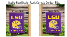 Load image into Gallery viewer, LSU football logo reading correctly on both sides of purple garden flag
