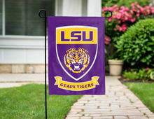 Load image into Gallery viewer, LSU geaux tigers garden flag with shield logo hung outside for yard decor
