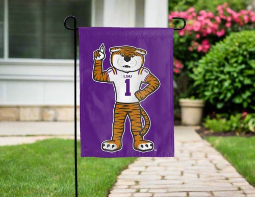 LSU garden flag with Mike the tiger logo hung outside for yard decor