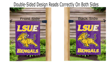 Load image into Gallery viewer, lsue bengals logo reading correctly on both sides of purple garden flag

