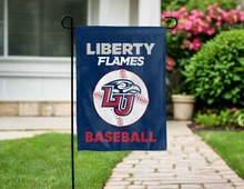 Load image into Gallery viewer, blue liberty baseball garden flag hung outside the home for yard decor
