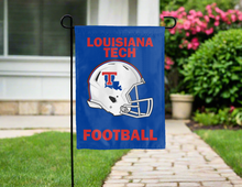 Load image into Gallery viewer, blue Louisiana Tech football garden flag hung outside for yard decor
