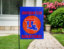Load image into Gallery viewer, Louisiana Tech basketball garden flag hung outside for yard decor
