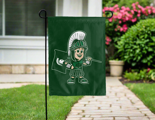 MSU Sparty the spartan garden flag hung outside for yard decor