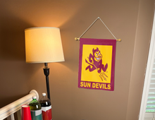Load image into Gallery viewer, Maroon and Gold 13x18 inch long Arizona State University Garden Flag with Sun Devils Logo Hung on a banner wall inside a well-lit room
