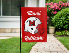 Load image into Gallery viewer, miami ohio football garden flag hung outside the garden for yard decor
