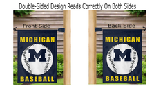 Load image into Gallery viewer, blue michigan baseball garden flag displayed from both sides while hung on a mailbox flagpole
