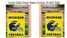 Load image into Gallery viewer, Two sides of a gold Michigan football garden flag hung from mailbox flagpole
