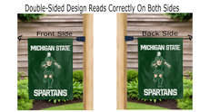 Load image into Gallery viewer, Sparty spartan mascot logo reading correctly on both sides of Michigan State garden flag
