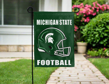 Load image into Gallery viewer, Michigan State University Football garden flag hung outside for yard decor
