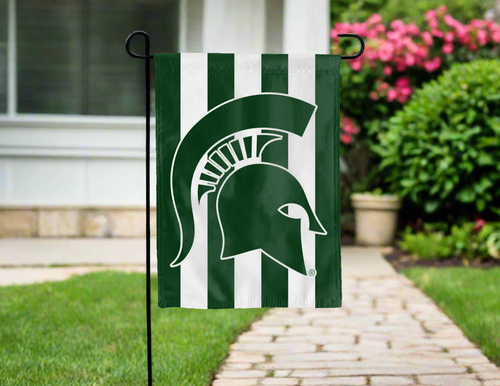 Michigan State University garden flag with striped background for yard decor