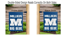 Load image into Gallery viewer, blue millikin m big blue logo reading correctly on both sides of garden flag
