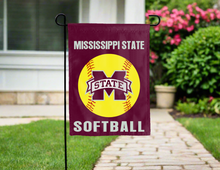 Load image into Gallery viewer, mississippi state softball garden flag hung ouside the home for yard decor
