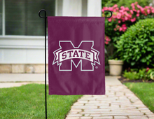 Load image into Gallery viewer, mississippi state university garden flag hung outside for yard decor

