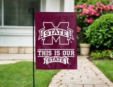 Load image into Gallery viewer, Mississippi State University garden flag with this is our state logo
