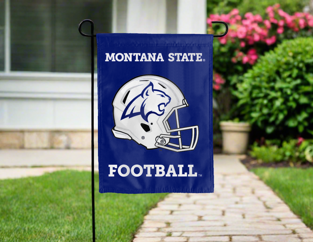 Montana state bobcats football garden flag hung outdoors for yard decor