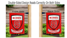 Load image into Gallery viewer, nc state shield and go wolfpack logo reading correctly on both sides of garden flag
