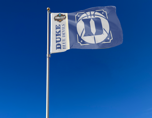 blue and grey Duke Basketball Men's Final Four 3x5 Flag for indoor home décor with two metal grommets attached to flagpole waving in the wind