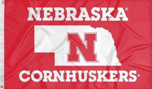 Red Nebraska Cornhuskers flag with state of Nebraska border logo